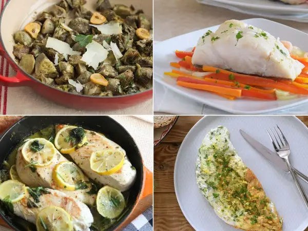 Cuatro platos deliciosos y comidas fáciles de hacer: alcachofas, pescado con verduras, pollo al limón y tortilla.